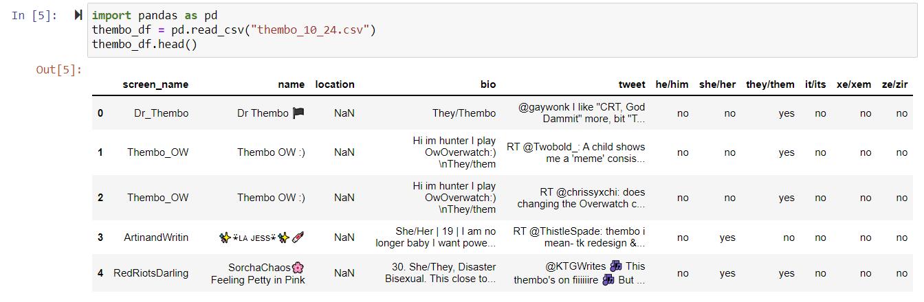 data from trans twitter, with 5 people's screen names, user names, locations, bios, and columns with different gender options marked as yes or no